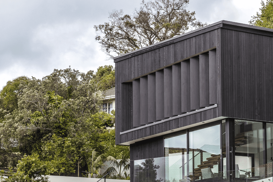 Motorised louvres used on a home for a design feature