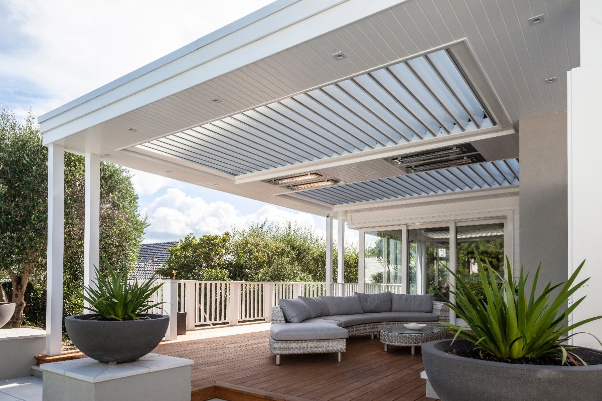 Blinds, lights and heaters for an outdoor room