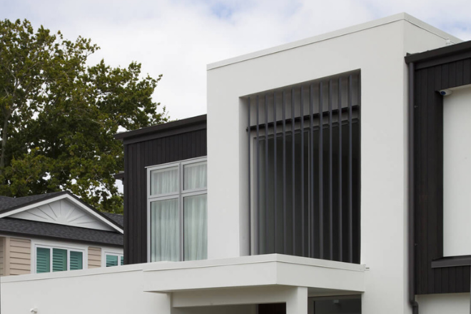 Fixed louvre panels used to add an architectural statement Fixed louvre panels used to add an architectural statement